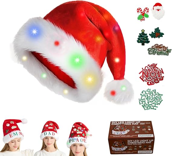 DIY Christmas Hat Set – Santa Hats with LED Lights, Stickers & Ornaments
