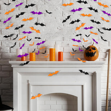 72-Piece 3D Halloween Bat Wall Stickers, 4 Sizes, PVC Indoor Outdoor Decor