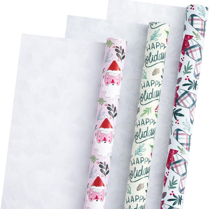 3 Rolls Cute Christmas Wrapping Paper – Pink Santa & Holiday Socks, 17x120 Inch