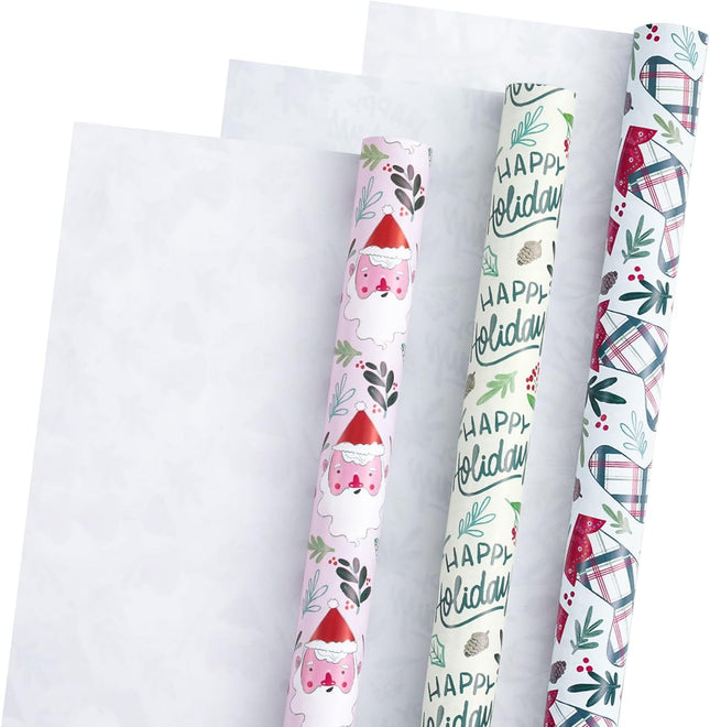 3 Rolls Cute Christmas Wrapping Paper – Pink Santa & Holiday Socks, 17x120 Inch