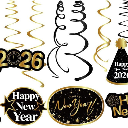Happy New Year 2026 Hanging Swirls Decorations Glitter Gold Black NYE Party