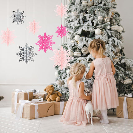 18-Piece 3D Pink & Silver Snowflake Ornaments with Glitter for Christmas Hanging Decorations
