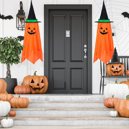 2-Pack Hanging Halloween Pumpkin Decorations, Witch Hat Ornaments for Yard & Garden