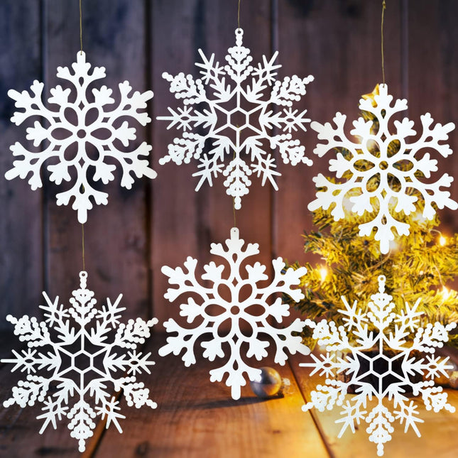 6-Pcs Glitter Snowflake Ornaments: 12” Large White Plastic Snowflakes for Indoor & Outdoor