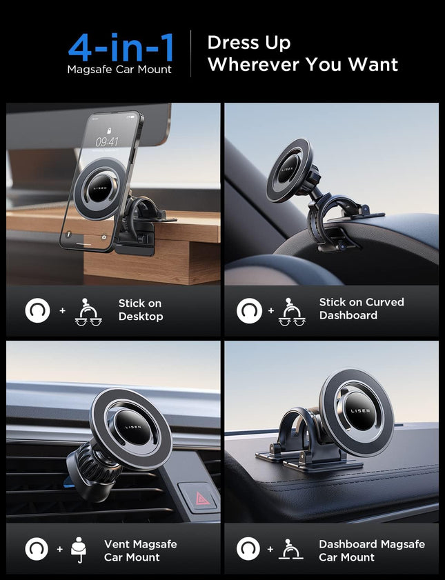 MagSafe Car Phone Mount – Hands-Free 360° Rotation with Vent & Dash Kit