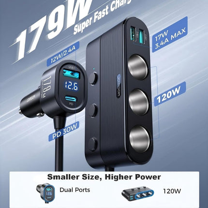 179W 7-in-1 Car Cigarette Lighter Splitter, PD30W USB-C Charger, 3 USB Ports