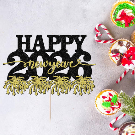 Happy New Year 2026 Cake Decoration – Black & Gold NYE Party Topper