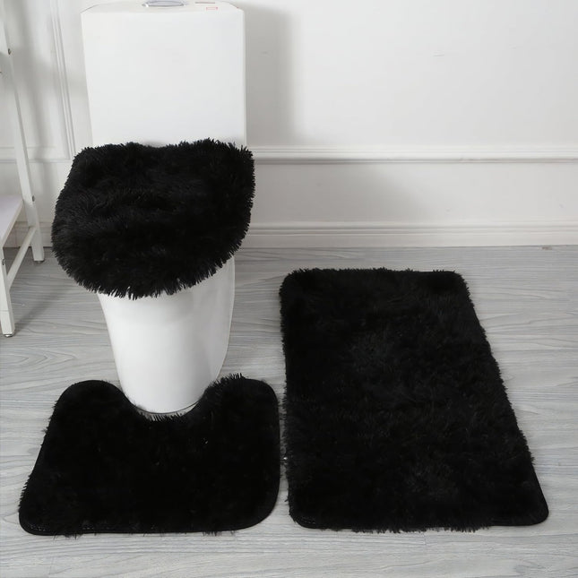 3 Piece Black Bathroom Rug Set with Bath Mat Shower Rug & Toilet Cover
