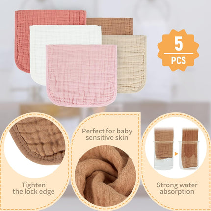 Baby Burp Cloths 100% Cotton Muslin 5 Pack, Newborn Essentials Pink & Coffee