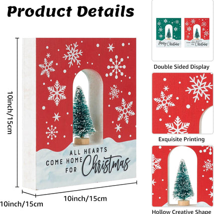 Christmas Tabletop Sign – Double-Sided Wood Decor with Mini Xmas Tree Display