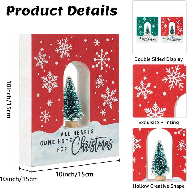 Christmas Tabletop Sign – Double-Sided Wood Decor with Mini Xmas Tree Display