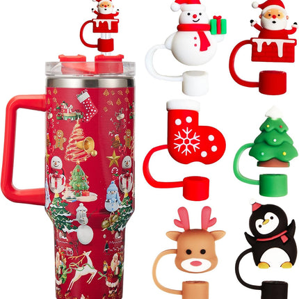 6PCS Christmas Straw Covers for Stanley 30/40oz Tumblers – Silicone 10mm Toppers