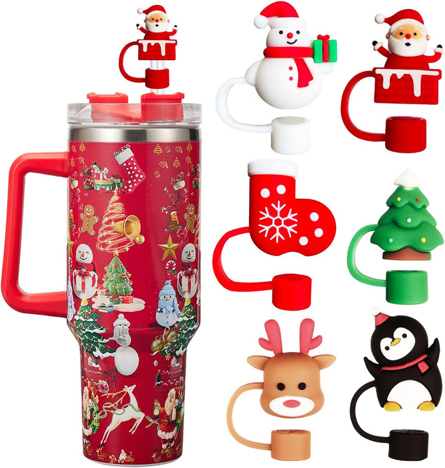 6PCS Christmas Straw Covers for Stanley 30/40oz Tumblers – Silicone 10mm Toppers