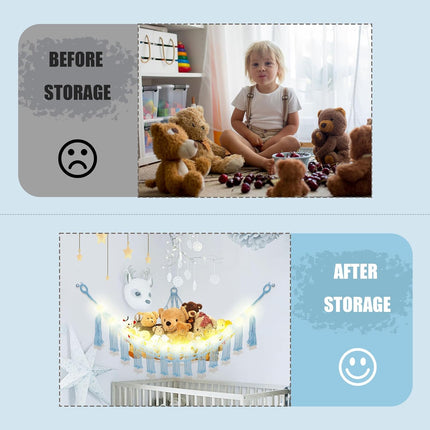 Stuffed Animal Storage Hammock – LED Light Plushie Net for Kids Room Decor (Baby Blue)