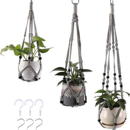 3 Pack Macrame Plant Hanger Set Indoor Outdoor Boho Planter Gray