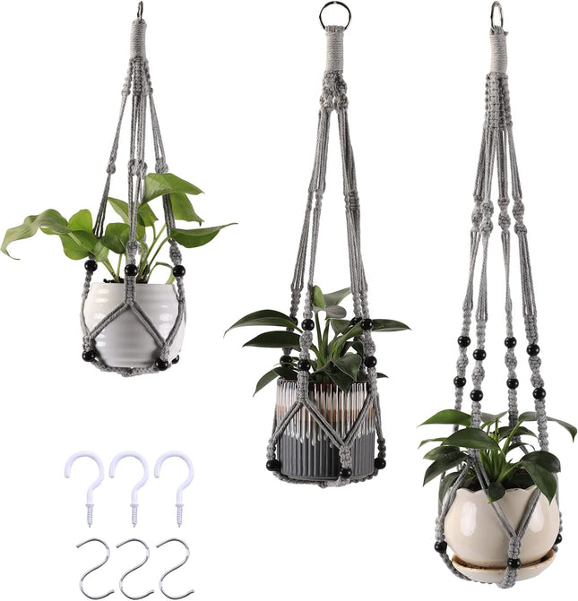 3 Pack Macrame Plant Hanger Set Indoor Outdoor Boho Planter Gray