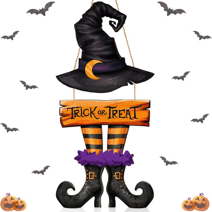 Halloween Witch Trick or Treat Wooden Door Sign, Black Hat Boots Porch Wall Decor