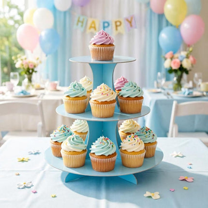 2Pcs 3 Tier Cupcake Stand Cardboard Dessert Display Tower Baby Blue Party
