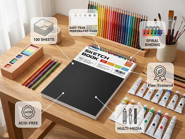 9 x 12 Inch Sketch Book, 100 Sheets 68 lb Acid-Free Drawing Paper, Top Spiral Sketch Pad