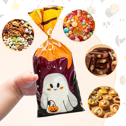 120PCS Halloween Treat Bags, Plastic Candy Goodie Bags with Twist Ties for Parties