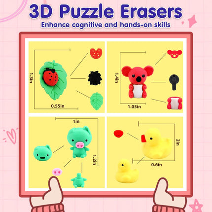 34Pcs Animal Erasers Bulk – Cute 3D Puzzle Erasers for Kids, Party Favors & Gifts