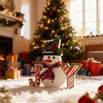Wooden Snowman Christmas Decor – Indoor Winter Joy Block Sign for Home & Mantel