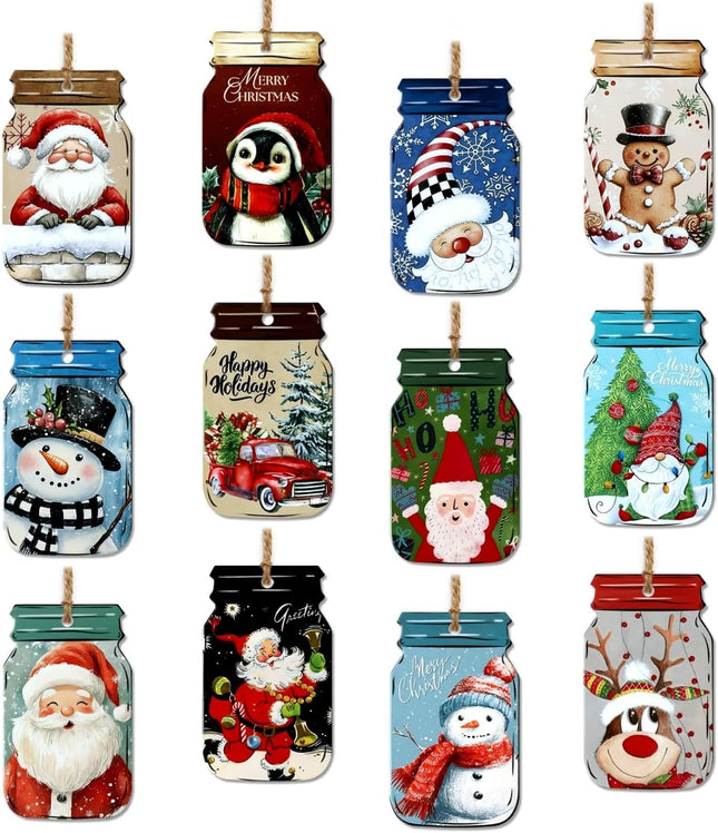 12PCS Christmas Mason Jar Decorations – Vintage Snowman, Santa & Gingerbread Tags