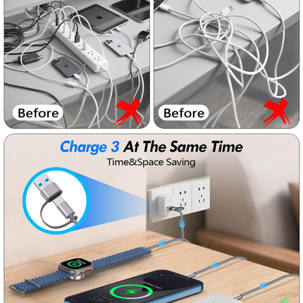 2-Pack 3-in-2 Multi Charging Cable – USB A/Type-C/Lightning for iPhone & Apple Watch
