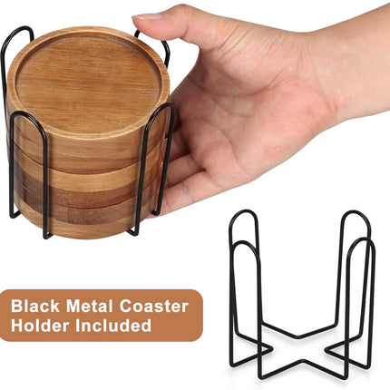 6 Pcs Wooden Coasters with Holder – Acacia Wood Coaster Set for Drinks & Table Decor