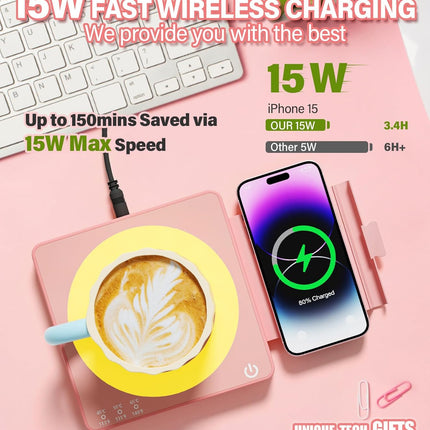 Coffee Mug Warmer with 15W Wireless Charging – 3 Temp Settings, Pink