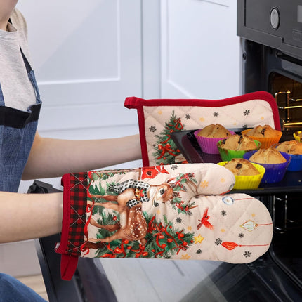 2Pcs Christmas Oven Mitts and Pot Holders, Heat Resistant Cotton with Deer & Snowman Design