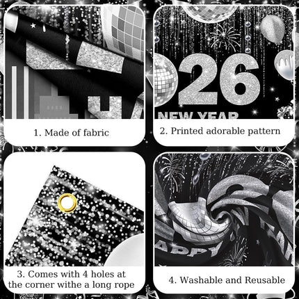 2026 Happy New Year Banner Black & Silver Backdrop 70.8x43.3" NYE Party