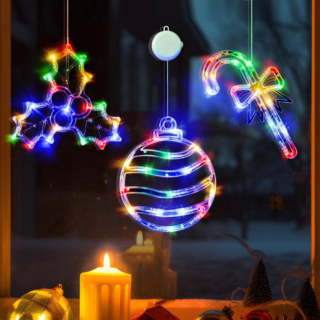 3-Pack Multicolor Christmas Window Lights LED Balls, Holly Berry & Candy Cane with Suction Cups