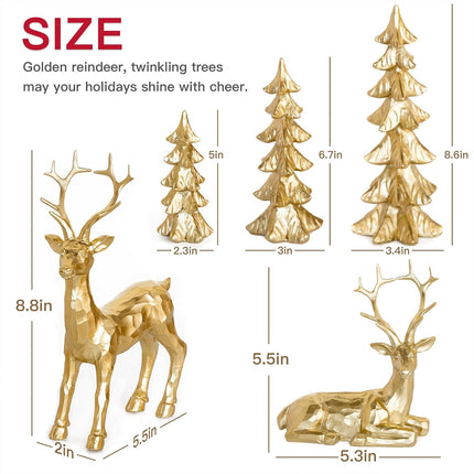 5Pcs Gold Reindeer & Christmas Tree Statue Set – Tabletop Holiday Decor (Gold/Silver)