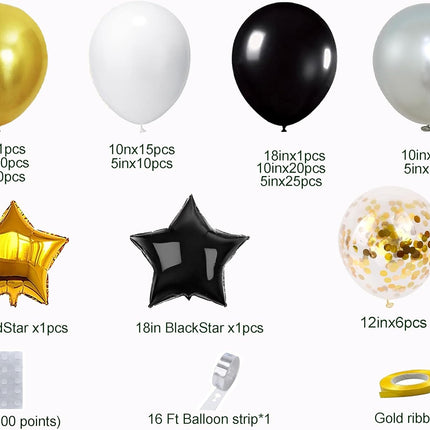 152-Pc New Year Balloon Arch Kit – Black, Gold, White & Silver Balloons