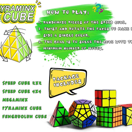 5 Pack Speed Cube Set 2x2 4x4 Pyraminx Megaminx Magic Puzzle Cubes
