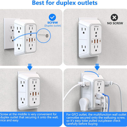 6-Outlet Surge Protector with 4 USB Ports (2 USB-C) – 3-Sided Wall Charger for Home & Travel