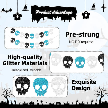 2-Piece Glitter Skull Garland, Black Silver Blue Halloween Gothic Party Banner Decor