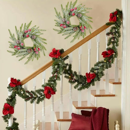 Christmas Candle Ring Wreath – Norfolk Pine with Red Berries & Snowy Pinecones