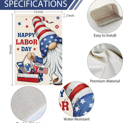 Happy Labor Day Gnome Garden Flag 12x18 Double Sided Burlap USA Flag Only