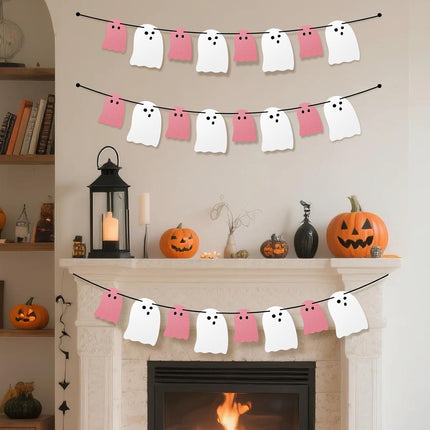 3-Pack Pink & White Halloween Ghost Banners, Hanging Garland for Home & Party Decor