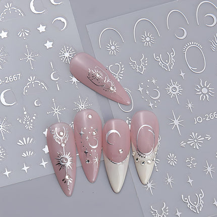 12-Sheet Silver Gold Moon Star Nail Art Stickers, 3D Self-Adhesive Decals