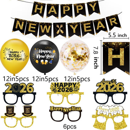 New Year 2026 Party Decorations Banner Glasses Balloons Hanging Swirls