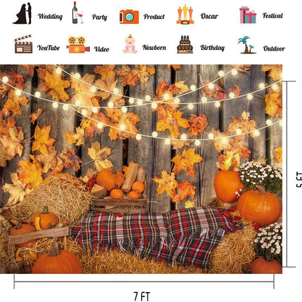 CHAIYA 7x5FT Fall Backdrop – Thanksgiving Maple Leaves, Hay & Pumpkins for Photo Booth