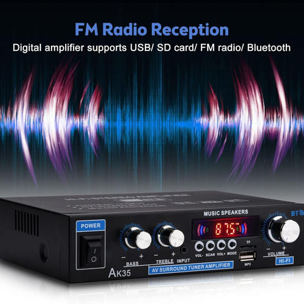 AK35 Home Audio Amplifier, 200W Bluetooth 5.0, FM/USB/SD, Remote Control