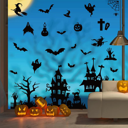 6-Sheet Halloween Window Clings, Black Castle Graveyard Bat Reusable Glass Decals