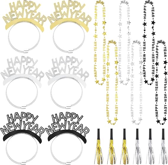 New Year 2026 Party Supplies 18 or 36 PCS Headband Tiara Necklace Noise Maker