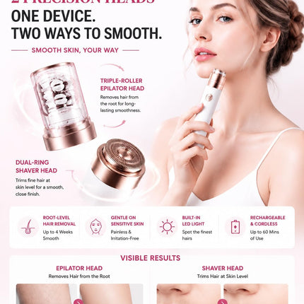 2-in-1 Epilator & Shaver for Women, Facial Hair Removal Device with LED Light, White