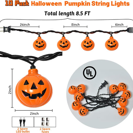 8.5FT Halloween LED Pumpkin String Lights, 10 Jack-O-Lantern Lights, Indoor Outdoor