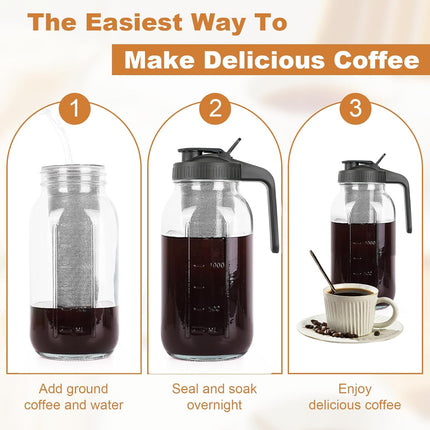 64oz Cold Brew Coffee Maker – Mason Jar Pitcher with Stainless Steel Filter